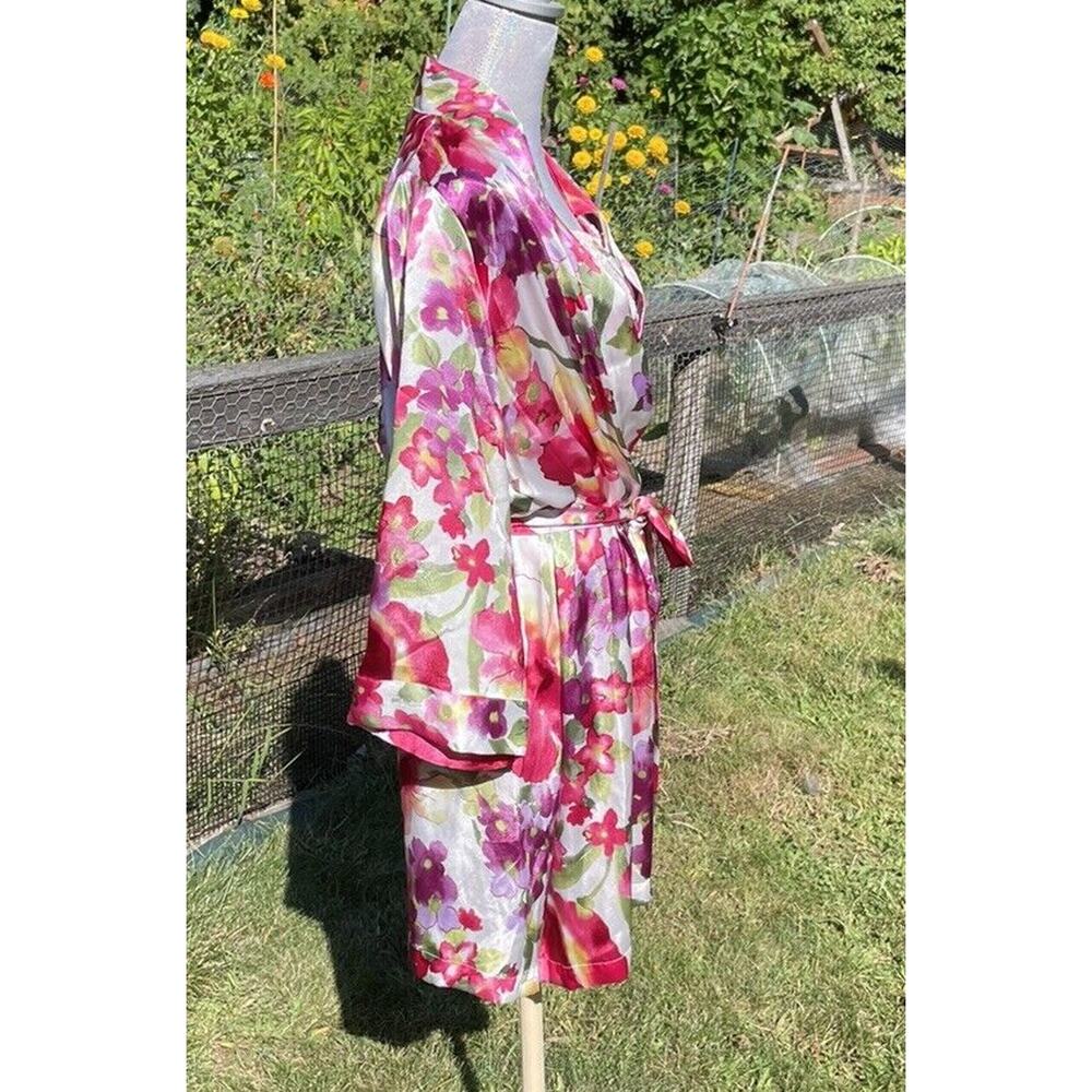 Vintage Morgan Taylor Slip Dress Peignoir Robe Lingerie Set M Pink Floral Satin - Picture 9 of 11